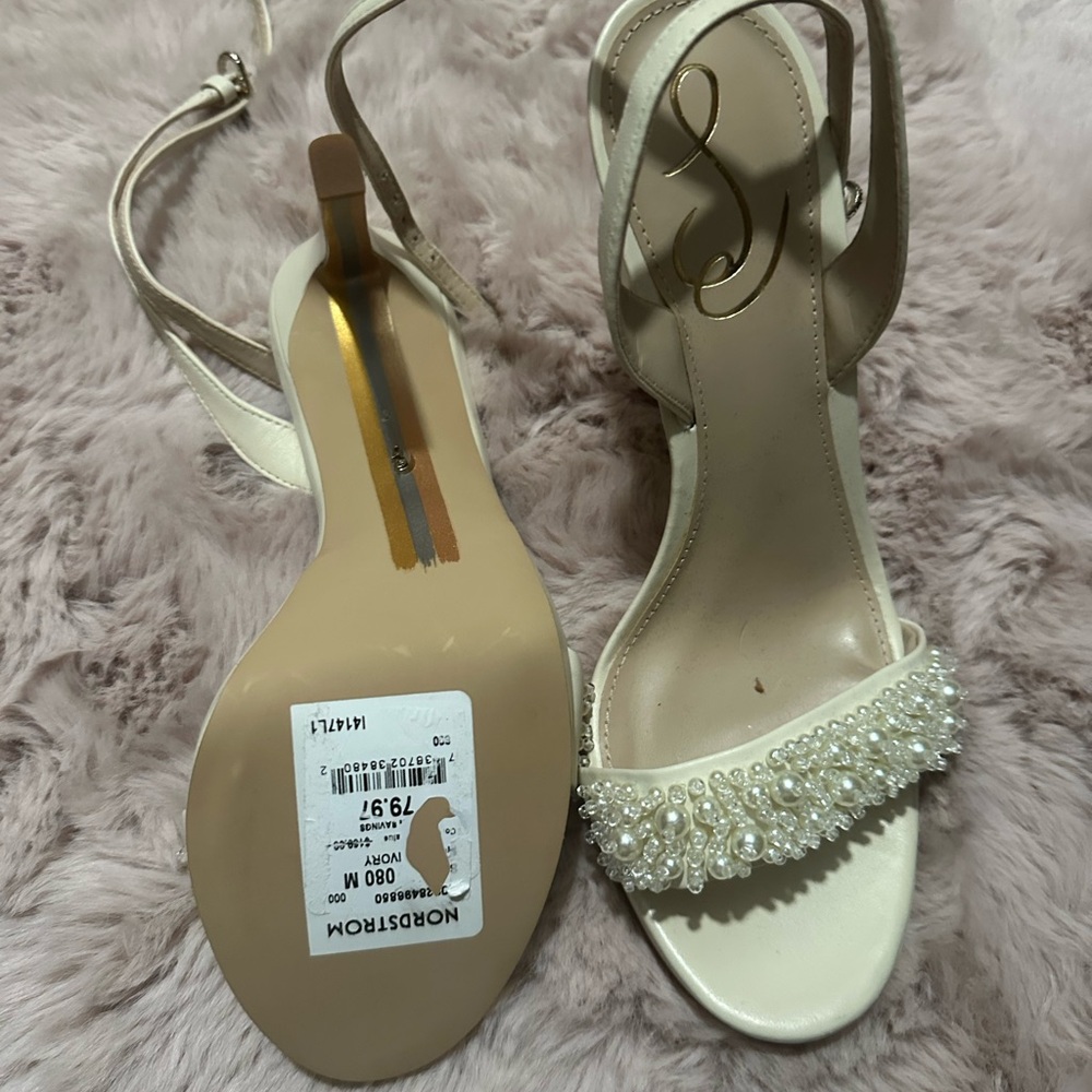 Sam Edelman Elegant Cream Strappy Sandals with Pearl Detailing